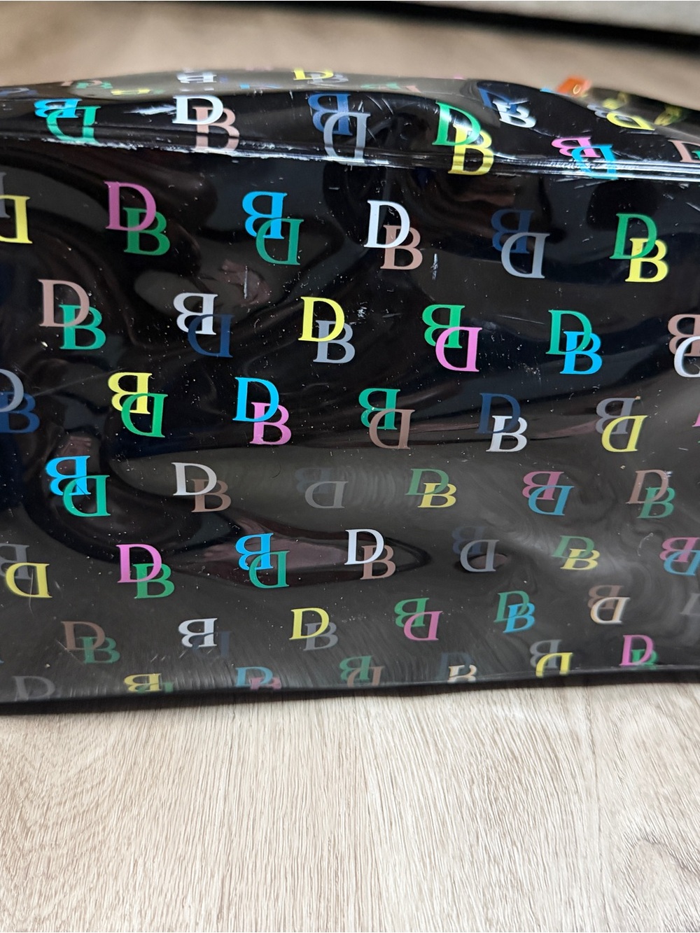 Dooney & Bourke Black Multicolor Print Plastic Tote with Brown  Handles - Picture 9 of 11